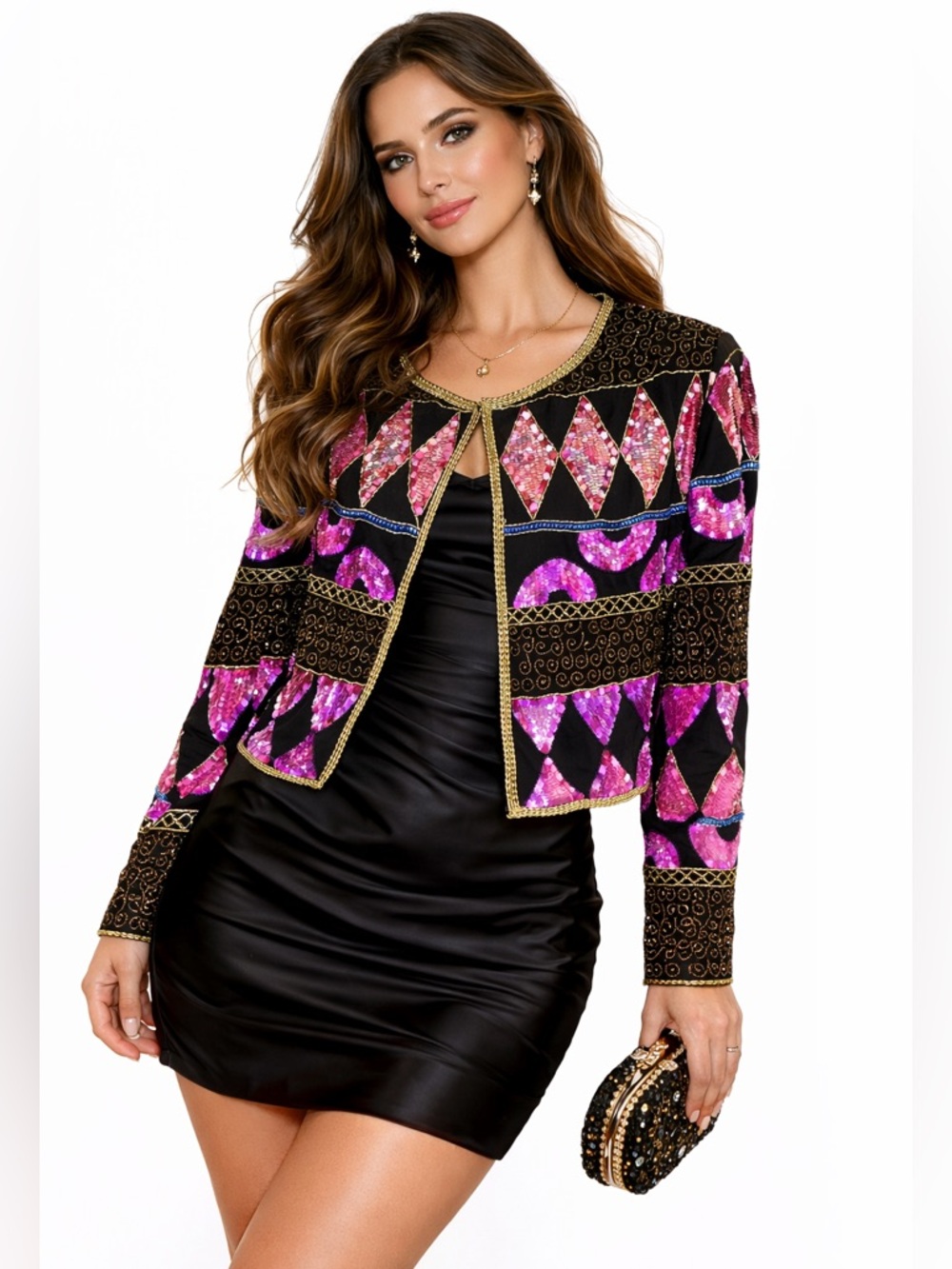Vintage 80s Night Vogue Sequin‎ Beaded Cropped Glam Jacket